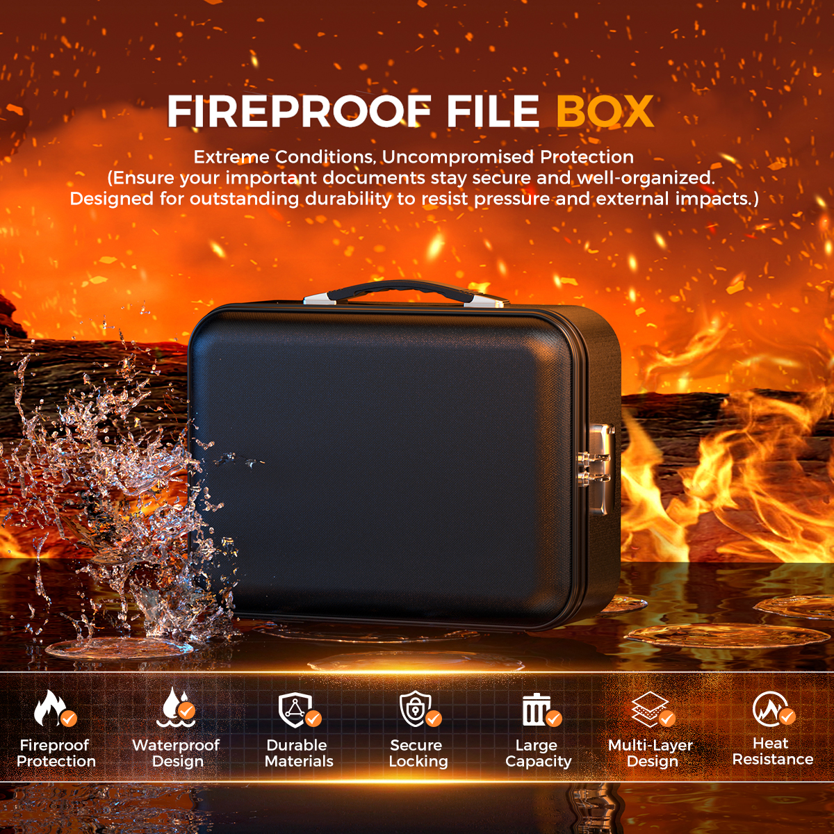 5200° F | Fireproof & Waterproof Hard-Shell Lock Box for Documents | Family Safe with Combination Lock | Fireproof Document Bag & Binder